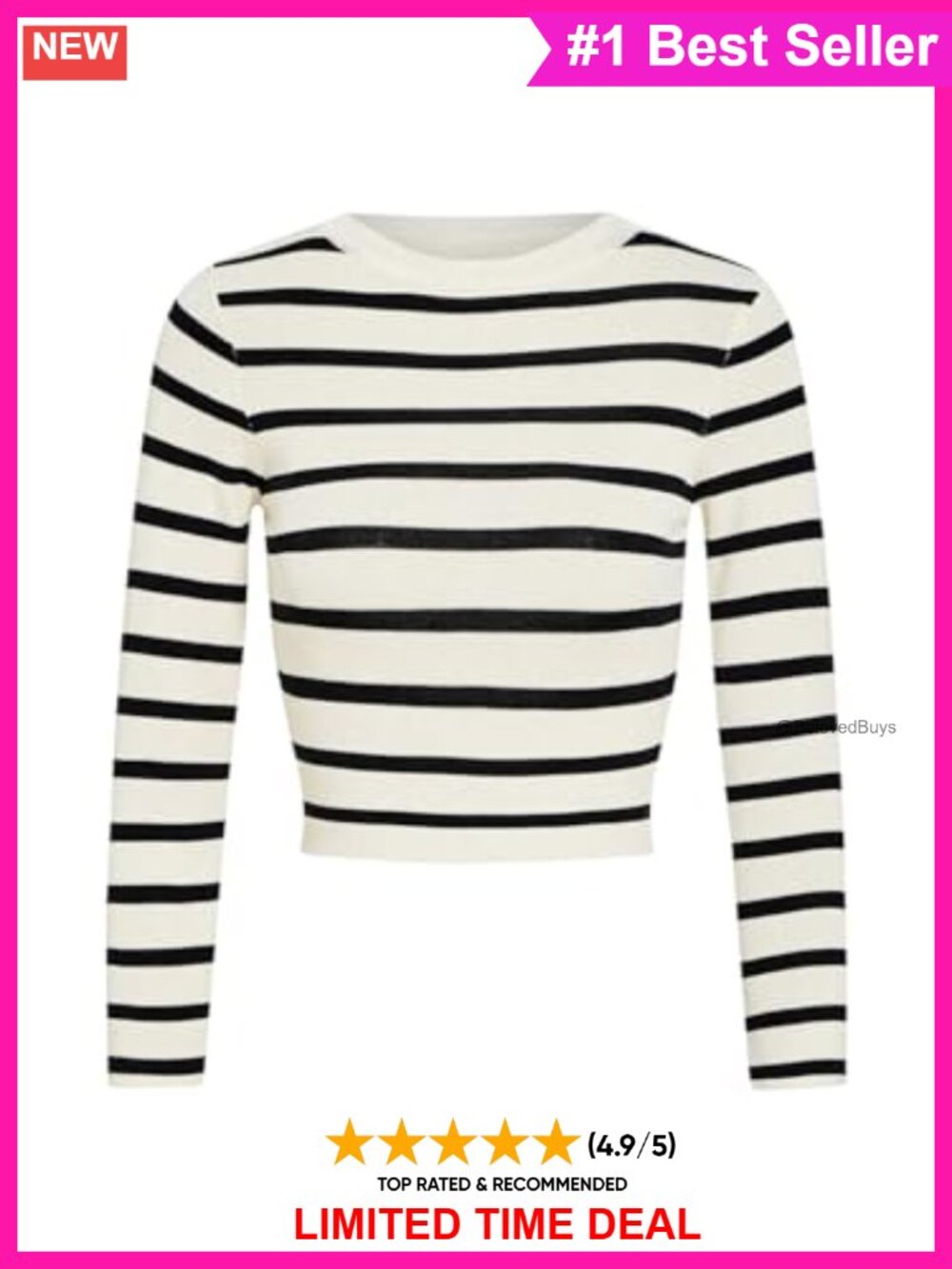 Women's Striped Rib Knit Long Sleeve Crop Top Crewneck Fitted Tee